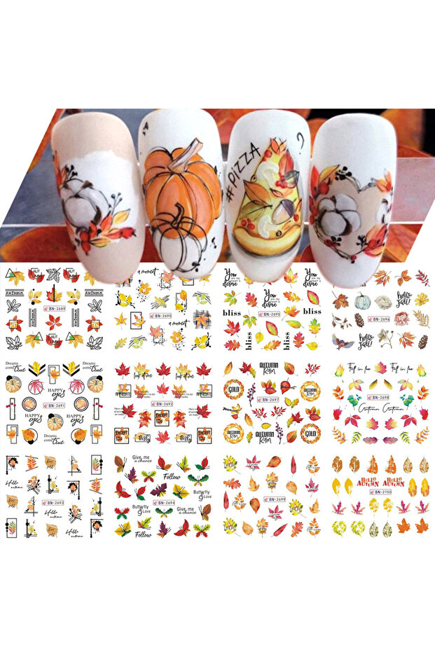 BN2689-2700 12 Designs Autumn Nail Stickers Cartoon Fall Maple Leaves Pumpkin Squirrel Decal Water T