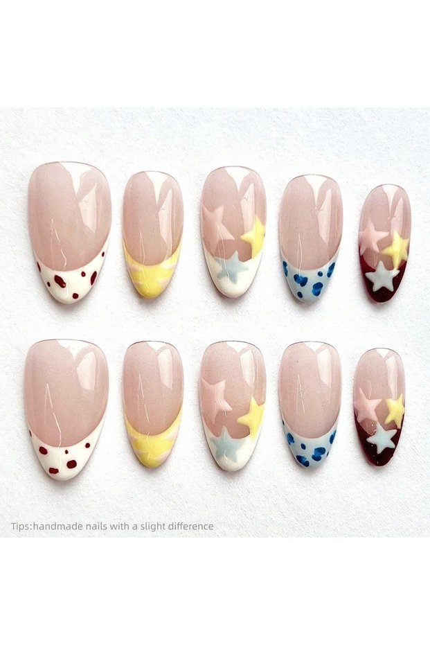 XS 10pcs Handmade Nude Pink Star Polka Dot Press On Nails Almond Long Cute Sweet Fake Nails Colorful