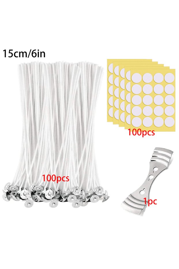 100 Pieces of 6inch Cotton Candle Wicks, Paraffin-Coated Wicks, 100 Pieces of Candle Wick Stickers a