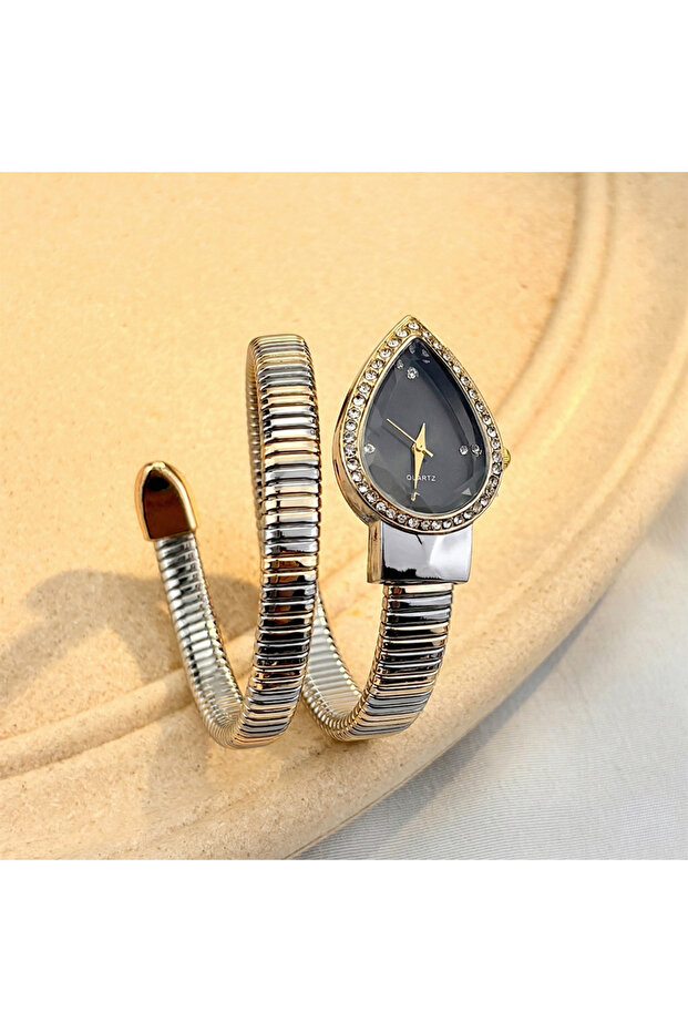 Interlaced goldblack Elegant Ladies' Water - Drop Headed Watch with Snake - shaped Band