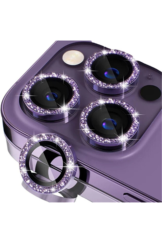 14 Pro - 14 ProMax Diamond Purple 3Pcs Glitter Diamond Caps Metal Lens Protector for IPhone 16 15 14