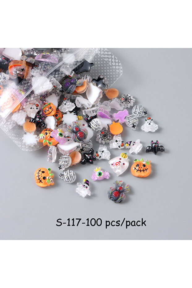 S-117-100 pcs 30/50/100 pcs Cute Pumkin Bat Resin Nail Charms Horror Cartoon Ghost Mummy Spider Web