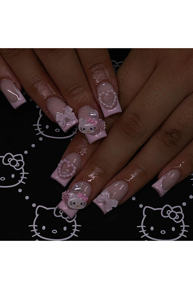 MULTI 24 Medium Square Nail Pink French Cute Cartoon Cat White Love Camellia Nail Patch Jelly Powder