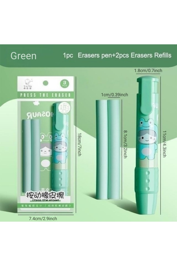 Green Pen Type Eraser Set Replaceable Core, Cute Cartoon Pencil Erasers for Kids, Retractable Eraser