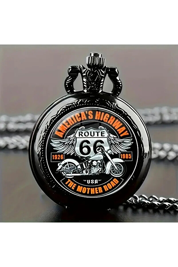 black Exquisite Cool Motorbike Route 66 The Mother Road Pattern Pocket Watch Design, Precise Quartz