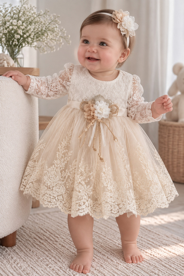 Baby Girl 0-6 Months Wedding Dress Set of 5 Mevlütluk Set Long Sleeve French Lace Dress