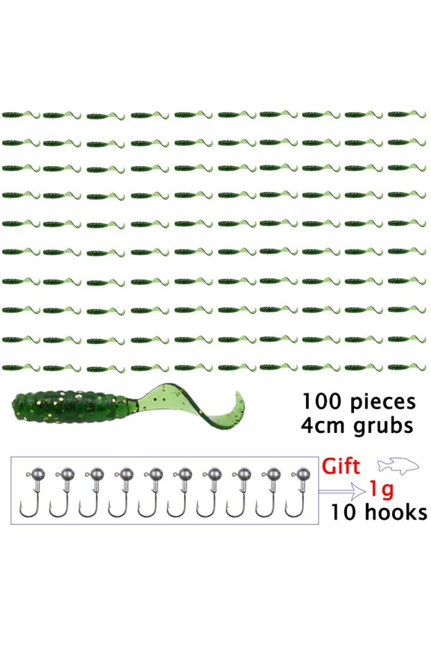 100grubs 10hooks1g green 4cm 100pcs Soft plastic artificial isca pesca tail protein Grub lure fishin