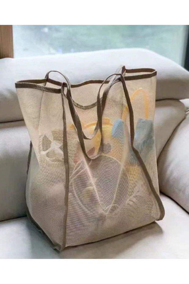 TMWSD-Khaki-1PCS Extra Large Foldable Mesh Tote with Sturdy Handles, Durable Polyester Storage Bag f
