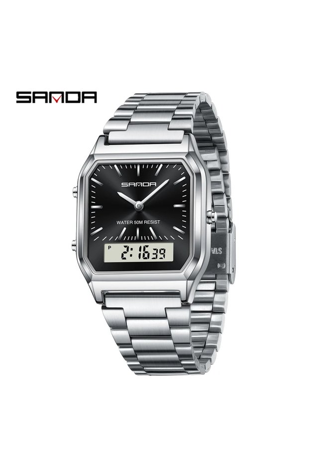 Silver Black SANDA 747 Men's Quartz Digital Watch Waterproof Casual Fashion Watch Wear-resistant Sta