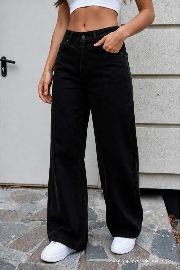 Women's Black Wide Leg High Waist Jean Pants