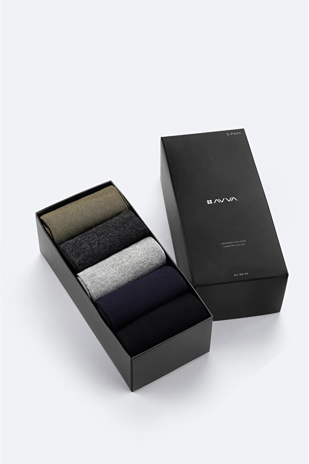 Men's Black-Navy Blue-Grey-Anthracite-Khaki 5-Piece Socks B008560