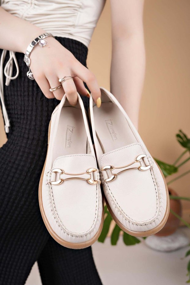 Eliz 24103 Beige Genuine Soft Leather Rok Casual Women's Shoes