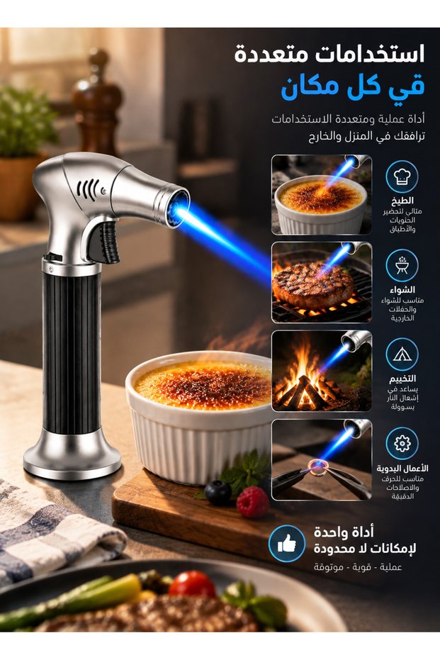 ولاعة معدنية AT508 مقاومة للرياح بلهب أزرق مباشر - فضية - متعددة الاستخدامات للمطبخ والشواء والتخييم (ولاعة شعلة)