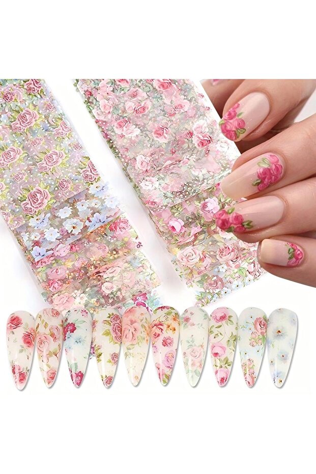 798-C 10PCS Mixed Nail Art Foils Transfer Sticker Set Rose Flower Designs Floral Starry Sky Nail Wra