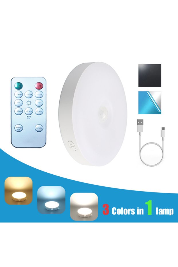 3 Color in 1 WHITE Motion Sensor Light With Remote Control USB Rechargeable Timer Night Light Dimmab