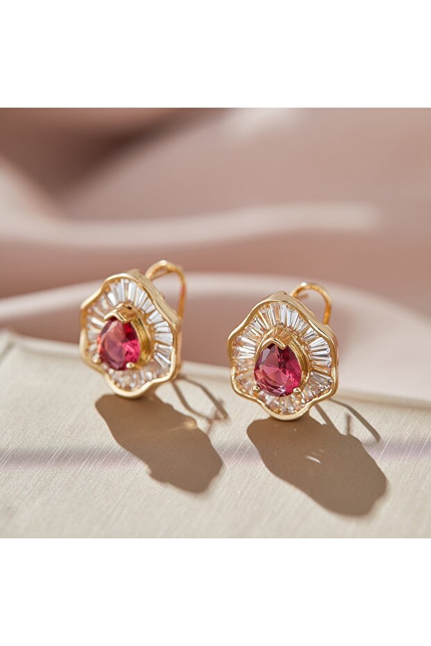 ZY0117-1 1pair Luxury Women's Earring Red Cubic Zirconia Wedding Anniversary Stud Earring Gift Women