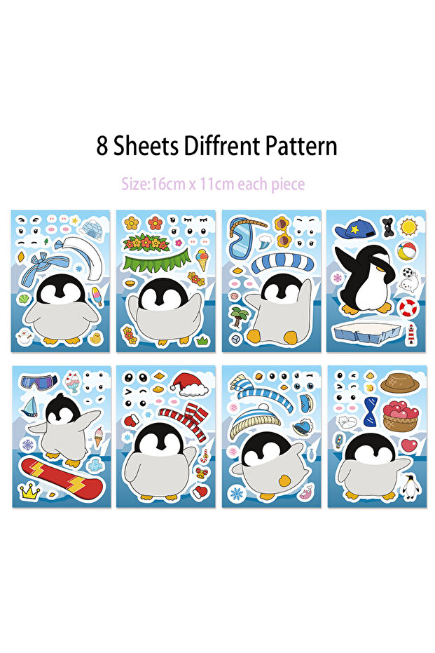 8PCS 8PCS Cartoon Penguin Face Changing Puzzle Stickers Cartoon Animal Face Changing Stickers DIY