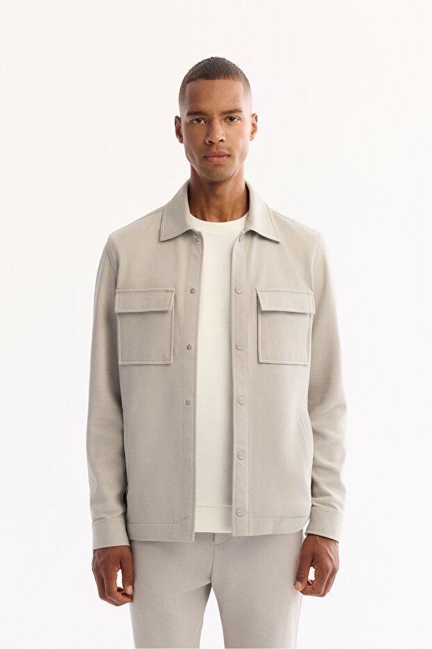Men's Light Gray Classic Collar Cotton Comfort Fit Shirt Jacket A52Y2092