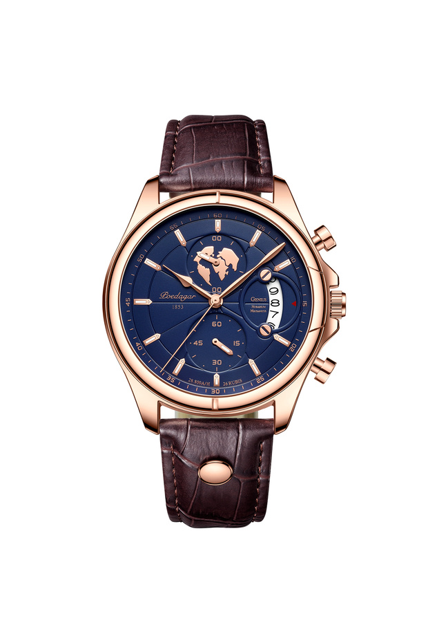 989 Rose Gold Blue POEDAGAR Sports Casual Man Watch Date Waterproof Luminous Leather Chronograph Men