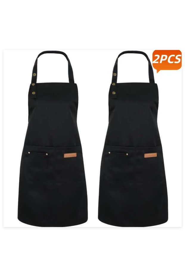OneSize Black 2PCS Black Durable Apron with Pocket Adjustable Kitchen Waiter Cafe Work Apron for Coo