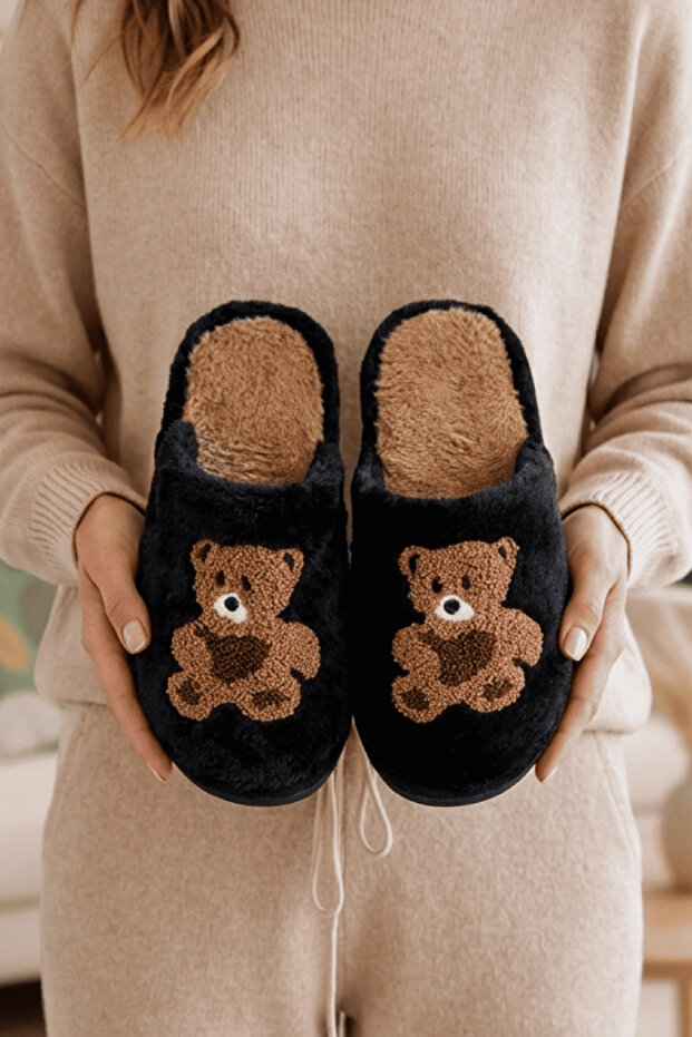 Women's Black Teddy Bear Embroidered Plush Furry House Slippers 3 cm Byndi̇mjteddybear