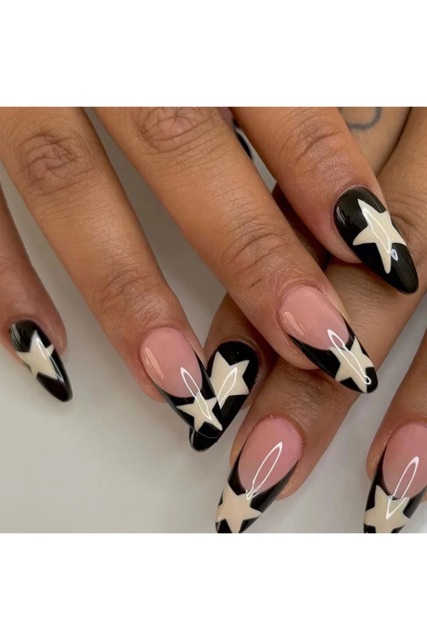 LBJP2292 24 PCs Long French Black Edge Star Nails with 1 Jelly Gel and 1 Nail File
