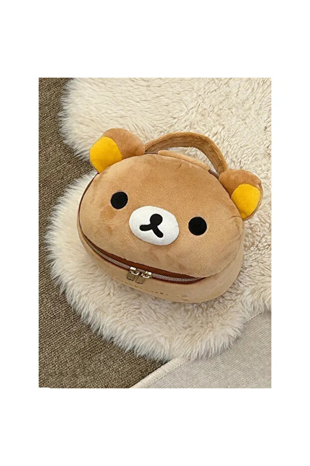 B New Cute Rilakkuma Bear Girl Plush Elliptical Stereoscopic Makeup Bag Portable Storage Bag Cute Ca