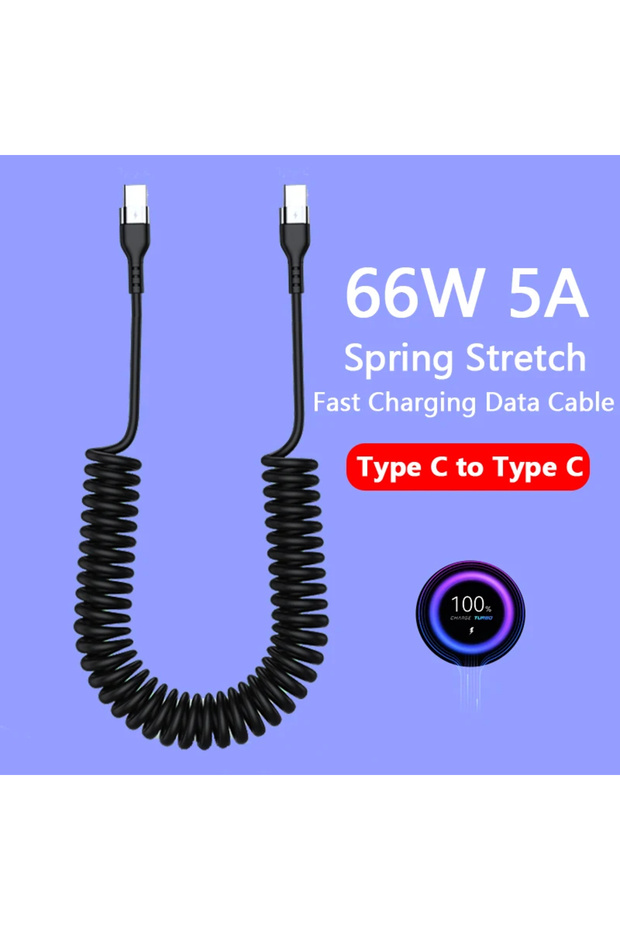 1m C TO C Black 66W 5A USB Type C Spring Car Fast Charging Cable For Xiaomi Redmi Huawei Type C To T