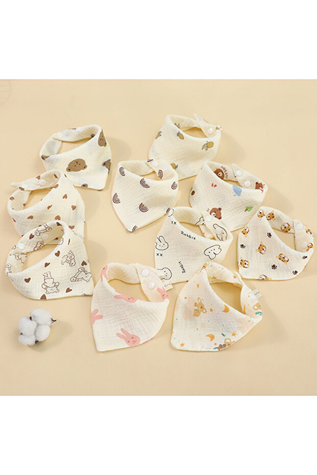 Random 5cps 0-2Year Baby Bibs Saliva Scarf 5Pcs Triangle Scarf Cartoon Bear 4-Layer Linen Cotton New