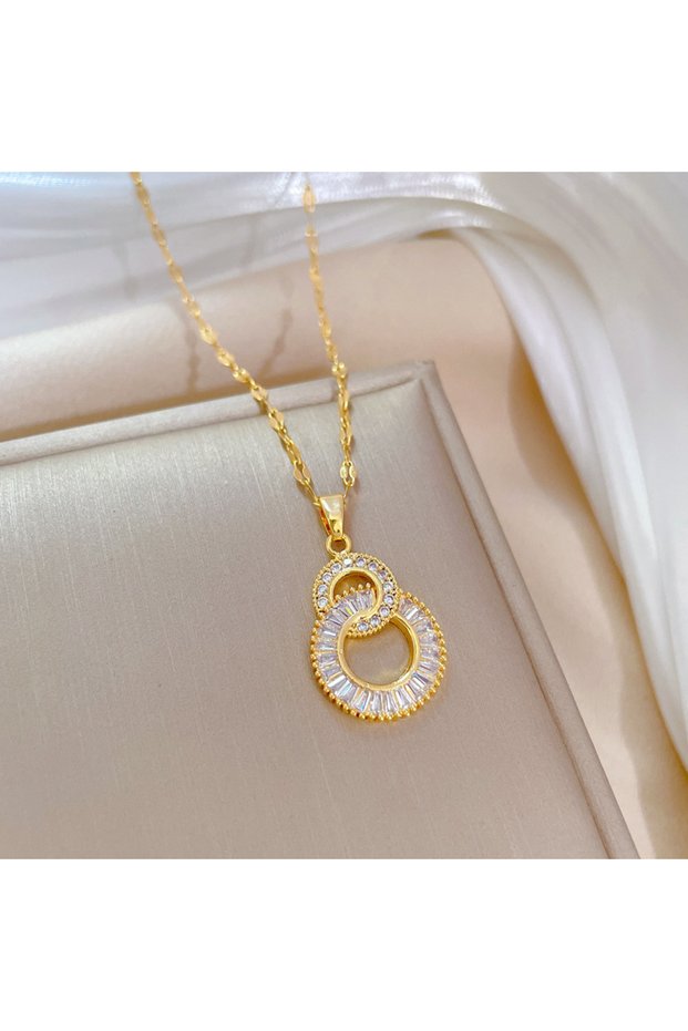 Gold Color A ZAKOL Classic Gold Color Stainless Steel Necklace For Women Shiny Zircon Geometric Hear