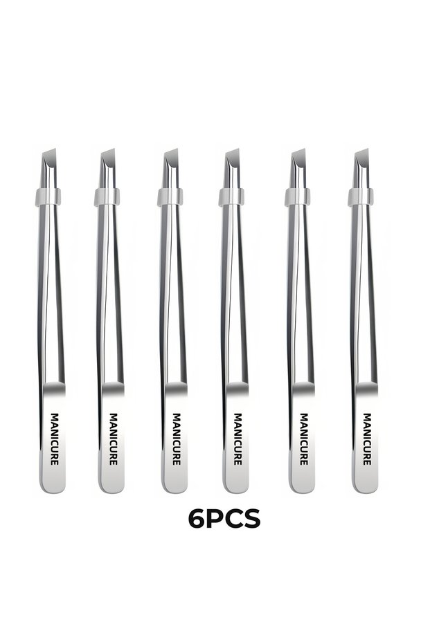 6 pcs Stainless Steel Slant Tweezers with Non-Slip Tip - Heavy-Duty Precision for Eyebrow Grooming E