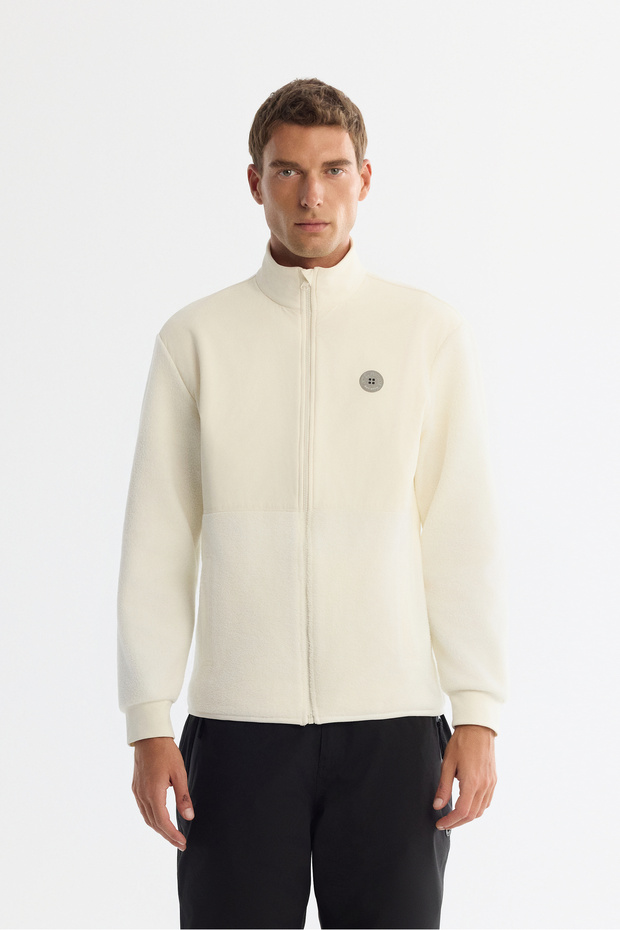 Men's Ecru Stand Collar Cotton Zippered Fleece Regular Fit Sweatshirt A42Y1311