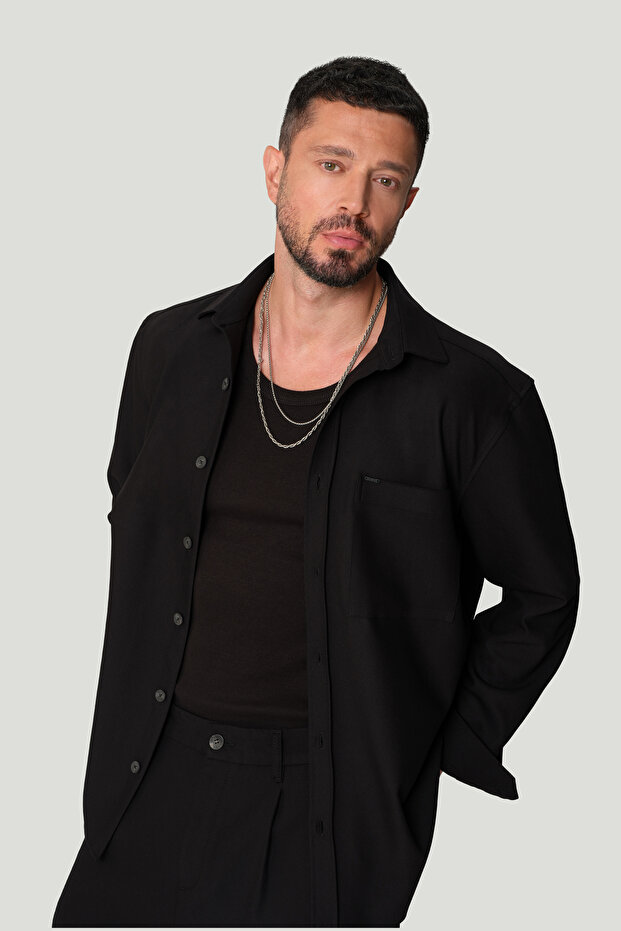 Men's Black Classic Collar Viscose Blended Easy-Iron Comfort Fit Shirt A42Y2141