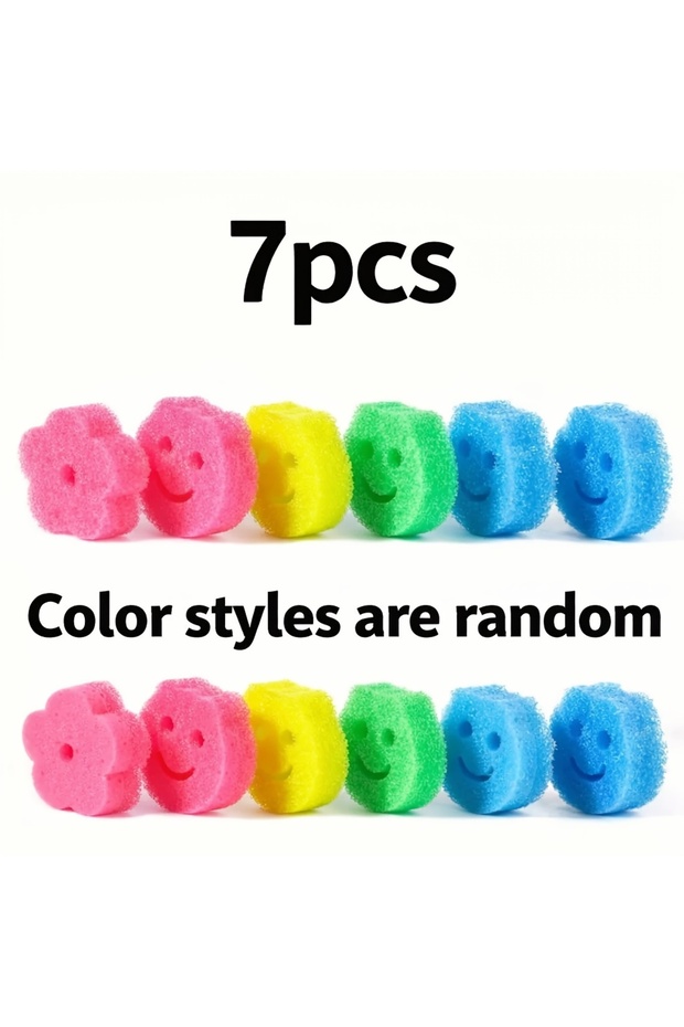 MULTI 7pcs Smiley Face Temperature-Changing Cleaning Sponges,Colorful Kitchen Dishwashing Tools for