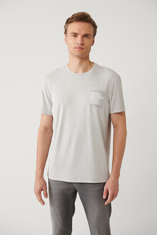 Men's Gray Crew Neck Printed Soft Touch Regular Fit T-Shirt A41Y1136