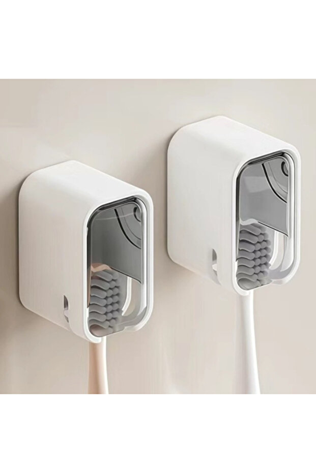 2pcs gray Non-punching Toothbrush Shelves Wall-mounted Dust-proof Storage Box with Lid Electric Toot