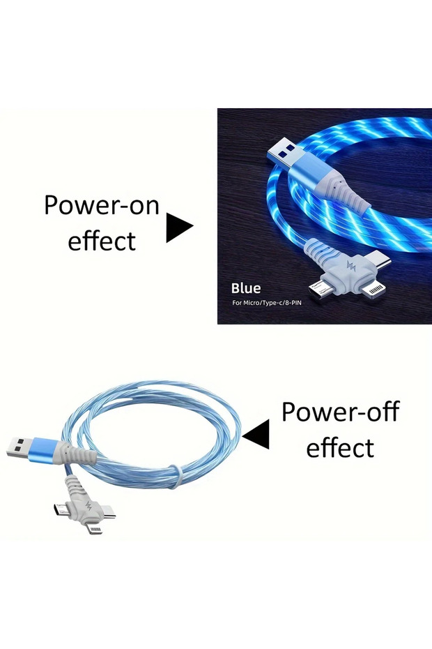 KAD-Blue Apple MFi Certified Round 3-in-1 LED Flowing Light USB Cable, Fast Charging Cord with Multi