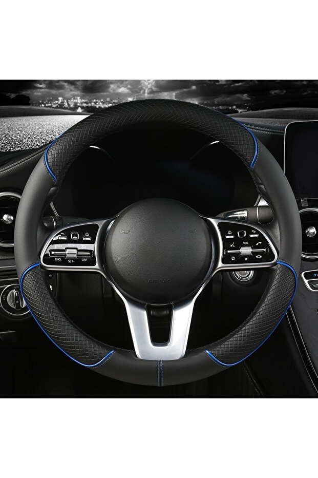 blue All Seasons Leather Diamond Steering Wheel Cover Universal Fit for 14 .5-15 Inch Durable Leathe