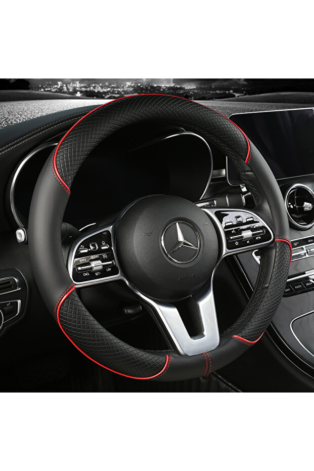 red All Seasons Leather Diamond Steering Wheel Cover Universal Fit for 14 .5-15 Inch Durable Leather