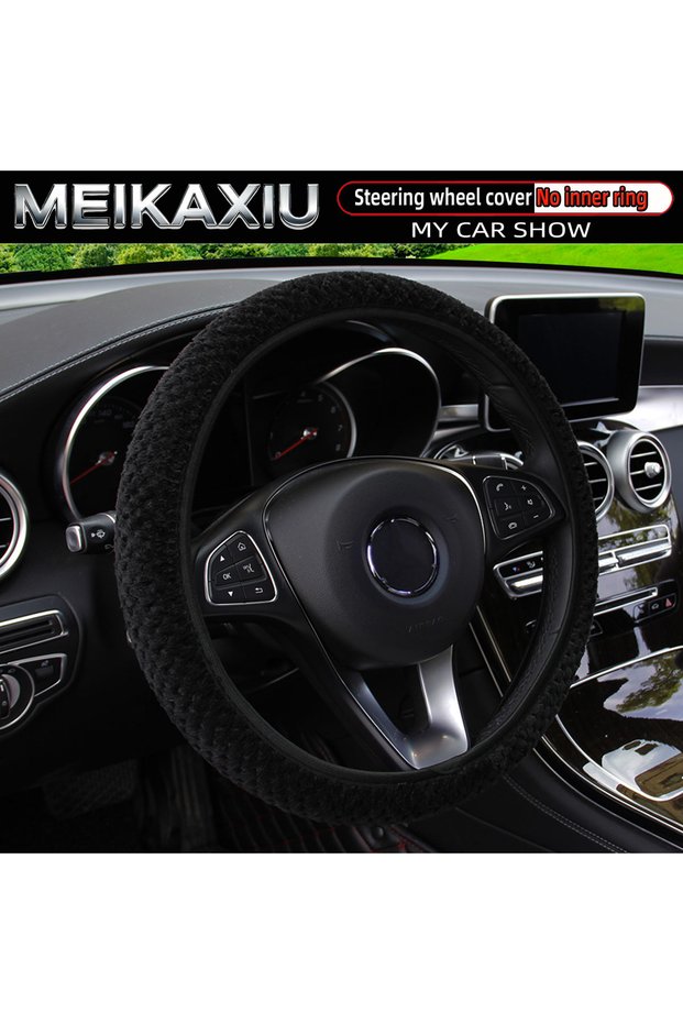 black Women's Winter Warm Soft Plush Steering Wheel Cover Elastic Free Inner Ring Lightweight Car Ac