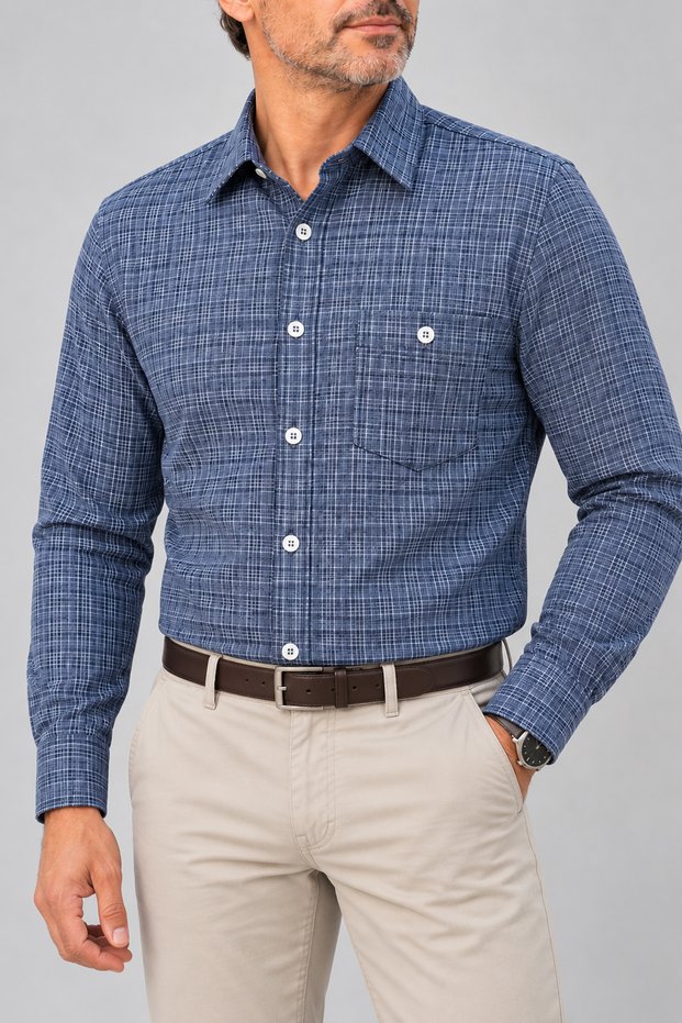 Men's 100% Cotton Shirt Relaxed Fit Single Pocket Long Sleeve Buttoned Bottom Collar 4 Seasons