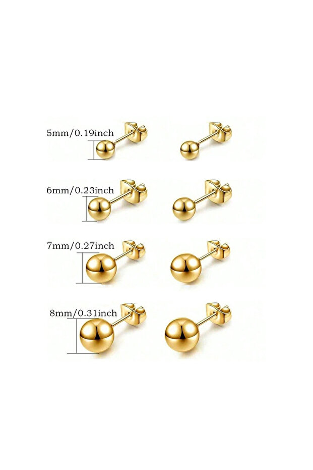 4Pairs Gold 3-7 Pairs Ball Design Stud Earrings Set Simple Style Stainless Steel, 18K Gold Plated Je