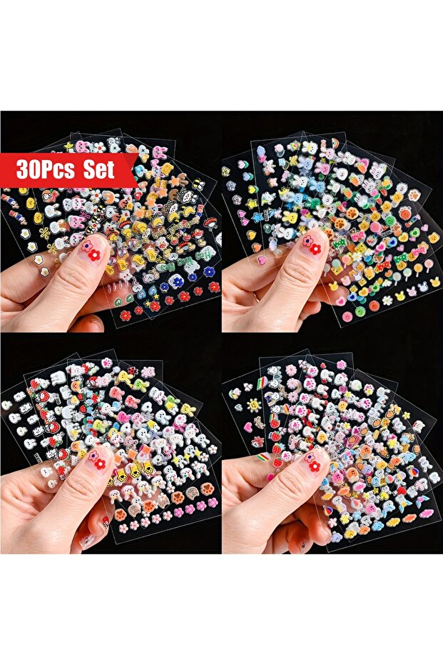 30pcs rabbit 30 piece luminous nail sticker set - self-adhesive 3D rabbit&cartoon animal stickers wi