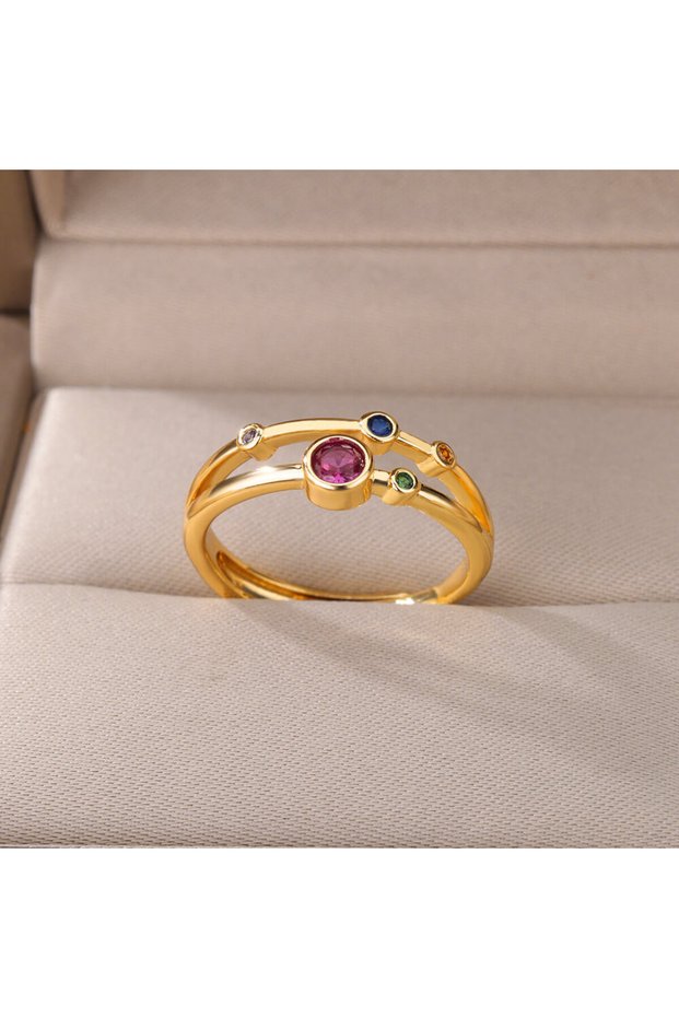 JZ3887G Colorful Zircon Round Stone Rings For Women Stainless Steel Gold Color Finger Ring Wedding