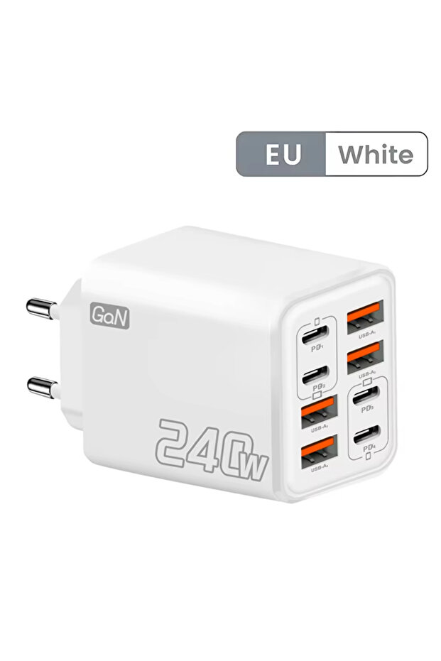 White-EU 240W GaN USB C Charger 8 in 1 Fast Charging Phone Charger Power Adapter For iPhone Samsung