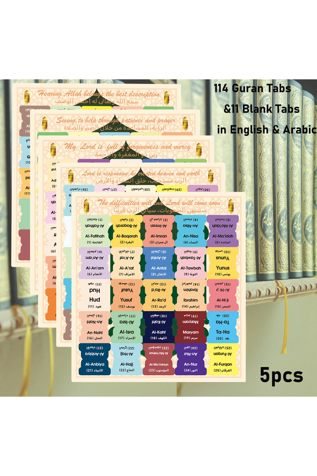 125tabs 125 Quran Chapter Tabs in English&Arabic-114 Surah Labels&11 Blank Tabs, Colorful Islamic St