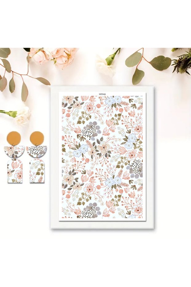 MT846 Beautiful Flower Heart Pattern Polymer Clay Watercolor Transfer Paper Pottery Earrings Jewelry