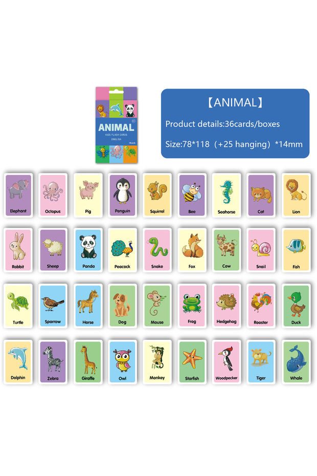A-Animal 36PCS/Set Animal Shape Color Time Flash Card Kids Montessori Early Education Learning Educa