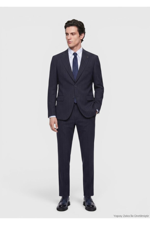 Navy Blue Striped Zeroweight Slim Fit 100% Wool Suit