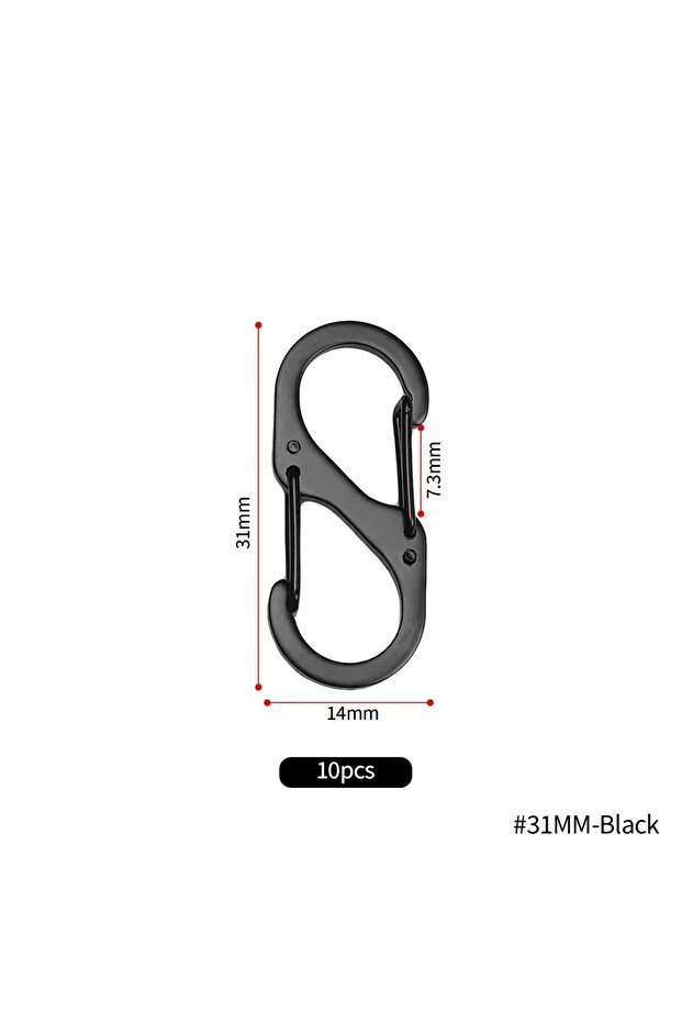 31MM-Black(10pcs) 10Pcs S Type Mini Keychain Hook Stainless Steel Carabiner With Lock Anti-Theft Out